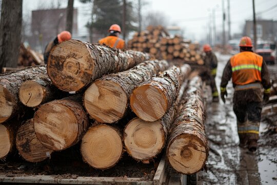 Workers load timber logs onto flatbed truck in logging yard under overcast sky