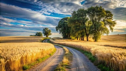 Fototapeta premium Rustic rural road winding through a wheat field with trees along the sides, rural, road, rural road, asphalt, field