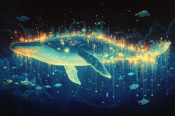 Ethereal Whale s Silhouette Melting into a Luminous Dreamlike Seascape of Mystical Marine Life