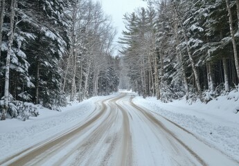 Obraz premium Serene Winter Landscape with Snow-Covered Road surrounded by Majestic Pine Trees in a Tranquil Woodland Scene Perfect for Nature Lovers and Outdoor Enthusiasts