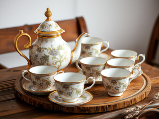 Fototapeta premium A wooden tray displaying a teapot and two cups, elegantly arranged for a tea service.