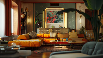Mid-Century Modern Living Room: A sun-drenched living room, awash in warm, earthy tones, boasts a stylish mid-century modern aesthetic. The space features a vibrant orange sectional sofa.