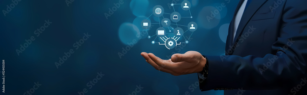 Aufkleber digital innovation in hands: a businessman's open palm cradles a network of interconnected digital i