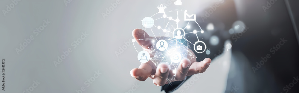 Poster global network in hands: a person's hands gently cradle a glowing orb of interconnected digital icon