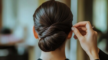 Naklejka premium A woman's hair is being styled into a bun.