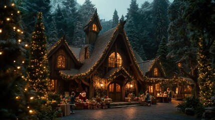 Festive scene of elves wrapping gifts at santa's workshop enchanted forest holiday celebration cozy atmosphere magical view