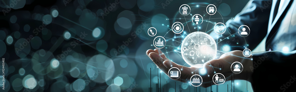 Poster global network in hands: a businessperson's hands gently cradle a glowing digital globe, interconnec