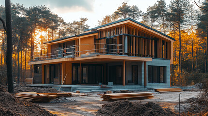 Obraz premium A wooden house under construction. A house in the middle of a forest. 
