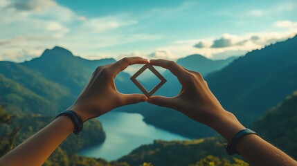 Two hands are framing a square, the image shows a mountain range with a lake and sky.