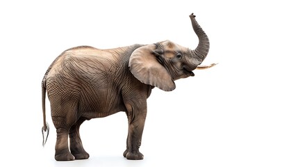 Obraz premium Gentle elephant with trunk raised on white.