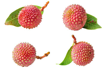 Fresh lychee fruits with green leaves on white and transparent background