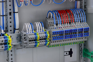 Electrical pass-through terminals for connecting copper wires with tips. Close-up. Soft focus.