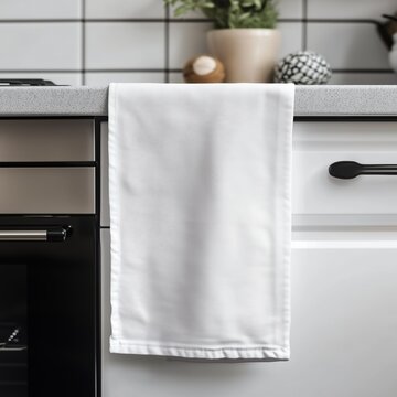 Hanging kitchen towel mock up. White linen or cotton tea towel, light modern kitchen background. Blank folded towel template	