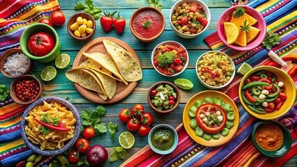 Fototapeta premium Mexican food mix colorful background Mexico, fiesta, vibrant, cuisine, traditional, spicy, ingredients, fresh, tacos