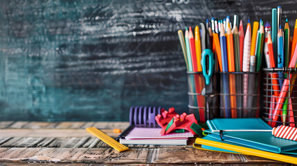 Back to School Supplies: Vibrant colored pencils, notebooks, and stationery are arranged on a rustic wooden desk against a chalkboard background, ready for a new school year.  