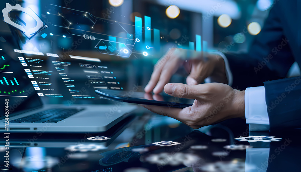 Poster digital finance: a businessman's hands navigate a tablet screen with data-driven insights, as hologr