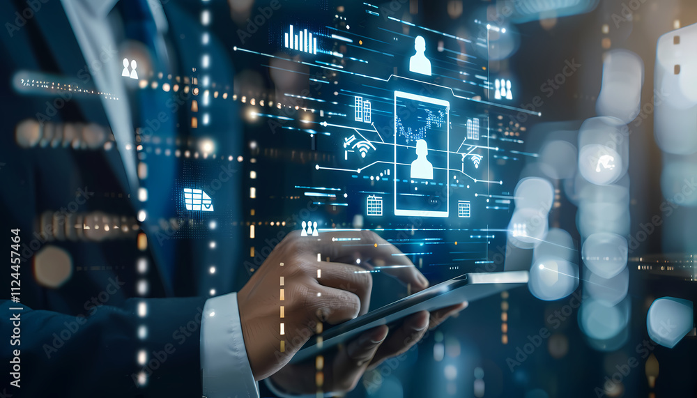 Poster digital transformation: a businessman uses a tablet, interacting with a futuristic holographic inter