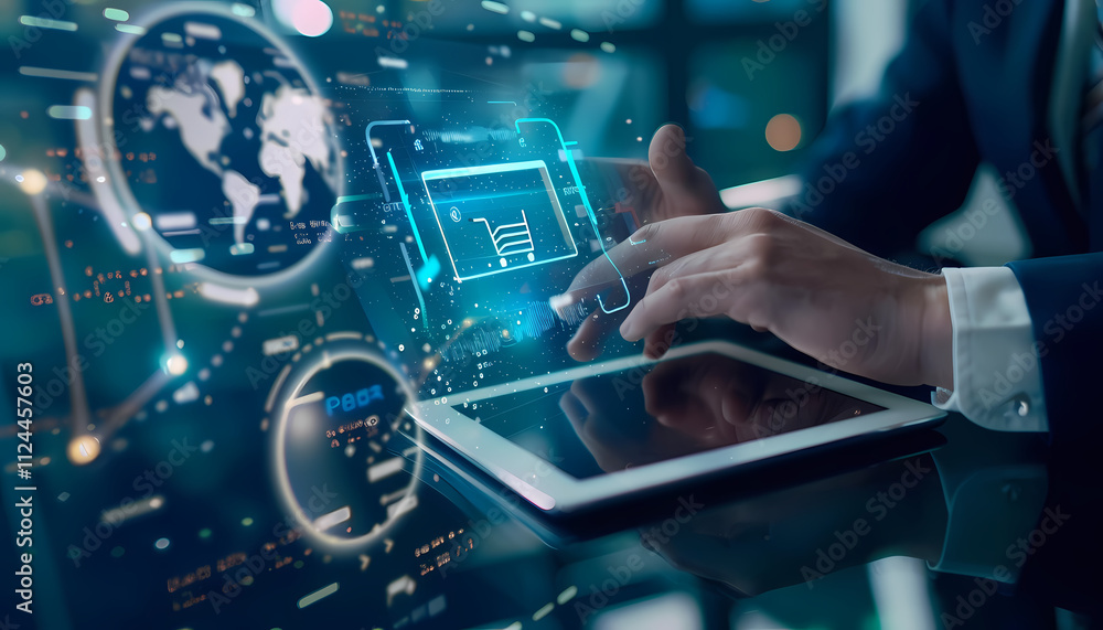 Poster global e-commerce: a businessman uses a tablet to navigate a digital world of data, with a shopping 