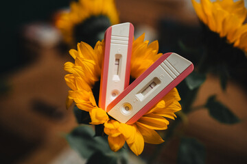 Positive pregnancy test placed on yellow sunflower. Two pregnancy tests for to double confirm being pregnant. Waiting for newborn, child. Family growth. 