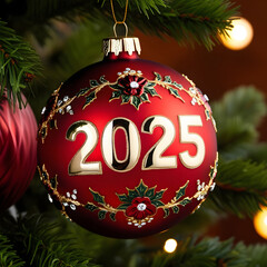 A festive Christmas ornament commemorating the year 2025. The ornament is adorned with intricate holly and berry designs.
