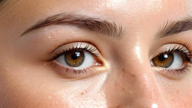 Woman's face with oily skin -  shiny or greasy skin in the T-zone (forehead, nose, and chin) with enlarged pores and acne - must using oil-free products.
