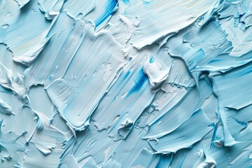  Many rough light blue smears of acrylic oil paint on flat surface. Detailed photo textured...