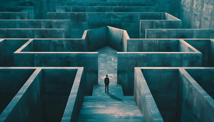 The Crossroads of Choice: A lone figure stands at a critical juncture in a vast, enigmatic concrete maze, symbolizing the complexities of decision-making and the uncertainty of the path ahead.