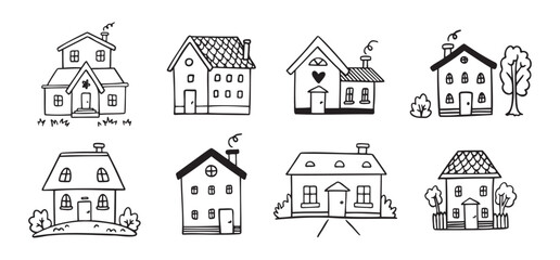 Hand drawn doodle house vector set. Cute outline houses black and white line illustration