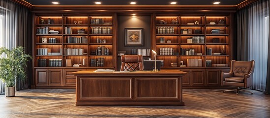 Luxurious wooden home office with built-in bookshelves, large desk, and leather chair.