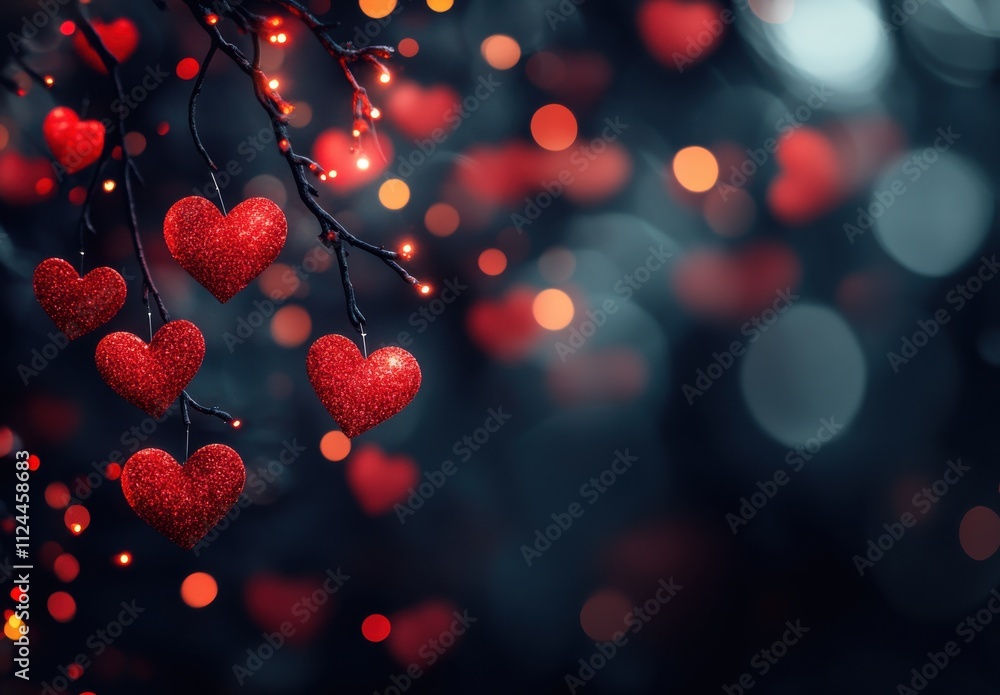 Poster shimmering red hearts hang from a branch amidst a soft bokeh background, creating a romantic and enc