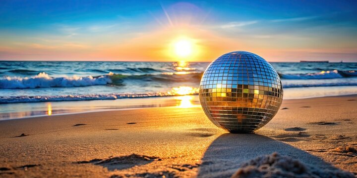 Mr disco ball dancing on the beach at sunset, disco ball, dancing, ocean, party, beach, summer, fun, reflection, celebration