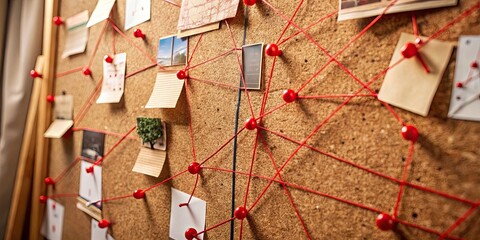 Close up of detective board with map, pinned evidences, and red thread connecting clues, investigation, board, detective
