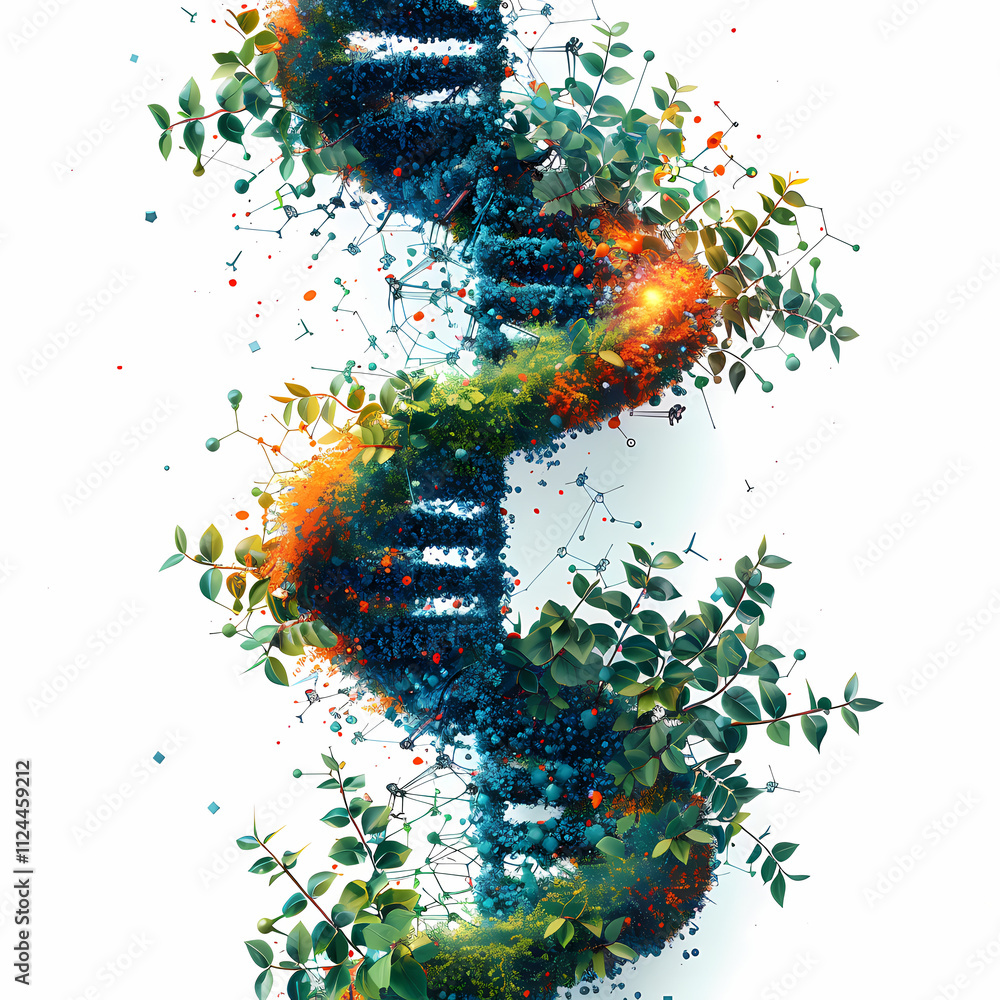 Poster nature's code: a captivating, abstract image portrays a dna double helix composed of lush greenery a