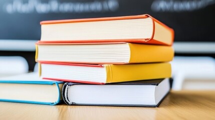 Colorful Stack of Textbooks on Wooden Desk