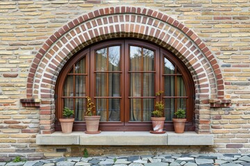 Obraz premium Red brick wall and arched window of classical european building in Rome. Detailed photo textured background