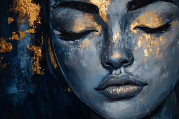 Serene Abstract Portrait: Close-Up of a Beauty with Golden Highlights and Deep Blue Tones, Perfect for Artistic and Inspirational Themes