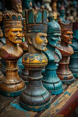 Fototapeta premium Magnifying glass positioned on table next to a collection of wooden figurines and shapes