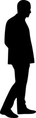 The male figure of a person stands. Black silhouette on a white background. Vector image.