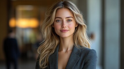 smiling businesswoman in suit exuding confidence and enthusiasm ready for workday in modern minimalistic environment