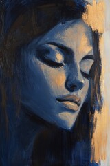 Fototapeta premium Serene Portrait of a Woman: Elegant Blue Tones in Abstract Oil Painting Art, Capturing Beauty and Tranquility, Perfect for Home Decor and Art Lovers