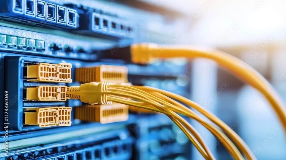 Poster network cables connected to data switches in server room environment