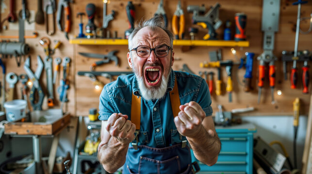 A man in a workshop with his arms outstretched in front of a wall full of tools