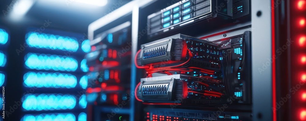 Poster futuristic data center with server racks and colorful led lights