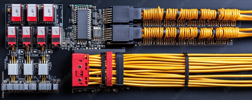 Poster high-tech circuit board with yellow data cables and components