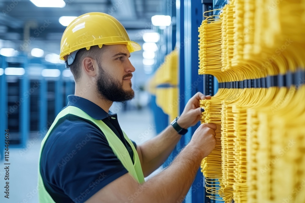 Poster worker organizing cables in data center with yellow connectors
