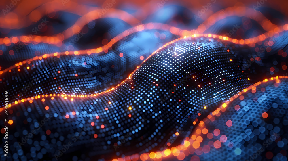 Poster abstract digital flow: a mesmerizing abstract background of a digital wave with glowing orange parti