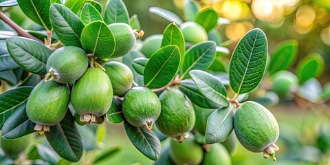 Close up of a feijoa tree with green ripe fruits and leaves, feijoa, tree, fruit, green, ripe, leaves, close up, tropical, garden