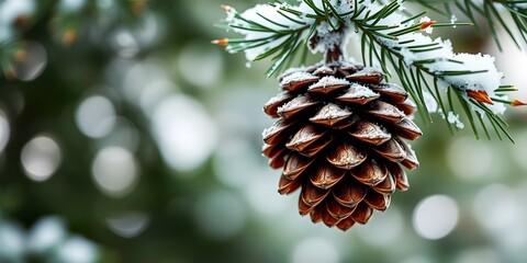 Pine cone and branch on snowy background	
