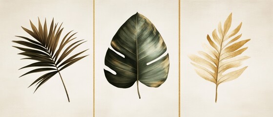 Set of Three Artistic Tropical Leaves on Beige Background - Elegant Botanical Illustrations for Home Decor and Design Projects