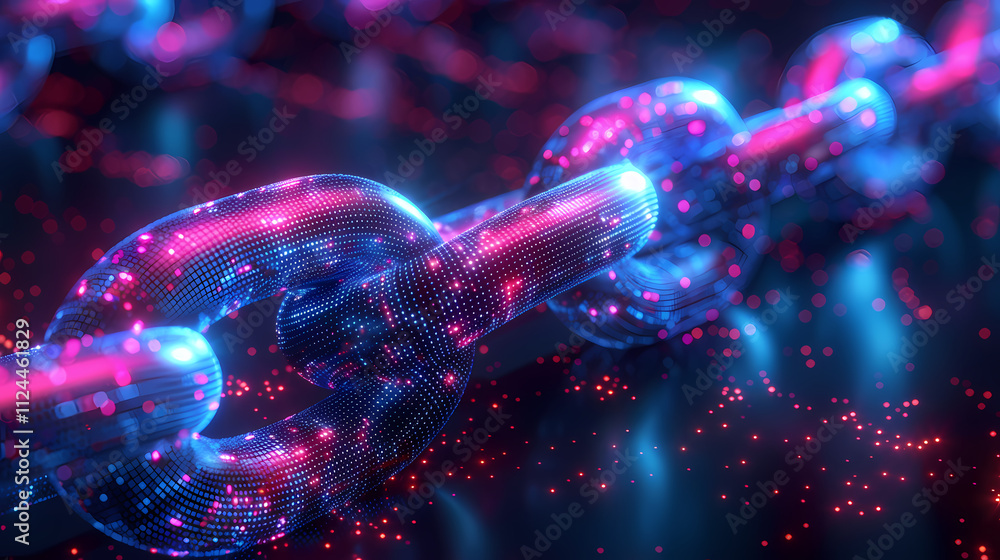 Poster cybersecurity chain: abstract glowing chain links in vibrant blue and pink hues, representing digita